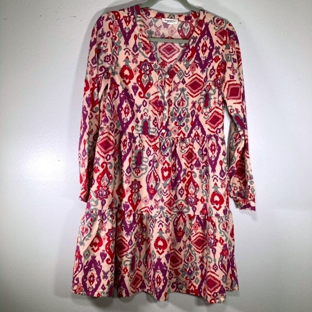 Beachlunchlounge Ikat Print Tiered Mini Dress Pink Purple Long Sleeve XS WPDS209
